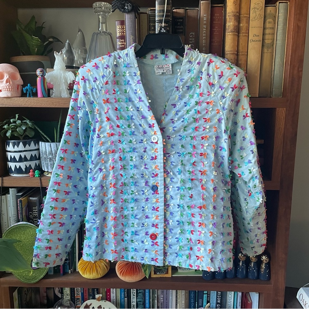 Vintage Blue Rainbow Cotton Ribbon Cardigan View 2